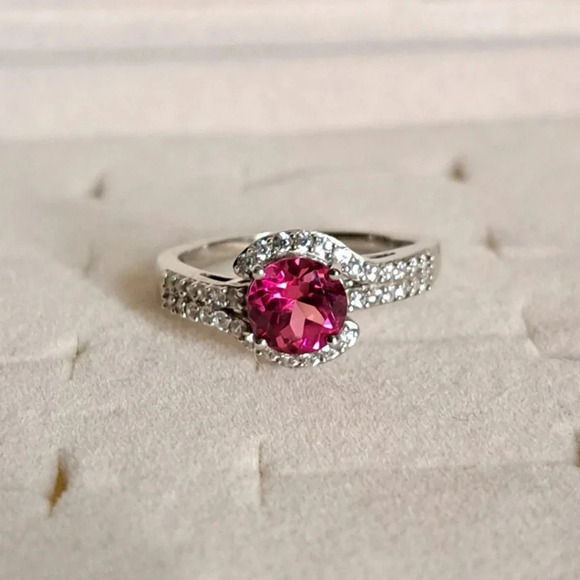 Padparadscha Sapphire & White Zircon Ring In 925 Sterling Silver - Picture 5 of 9